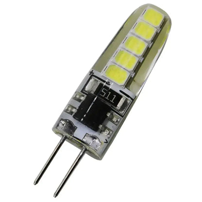 Clear glass decorbites led g4 bulb with six yellowish green leds and two metallic pins labeled s11 on circuit board