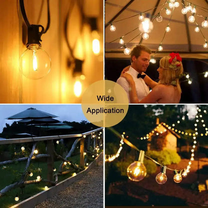 Warm-toned clear glass decorbites led g40 e12 bulbs with exposed filament and black metal sockets for outdoor decor