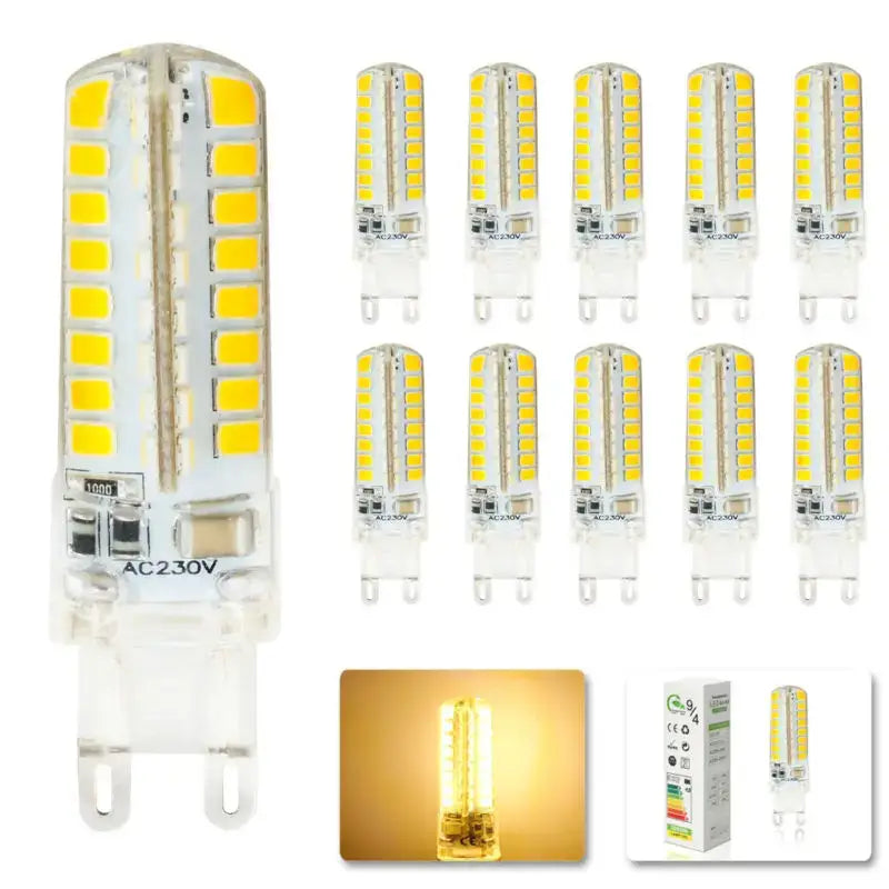 Clear glass decorbites led g9 bulb with warm white light and vertical rows of yellow light emitting diodes