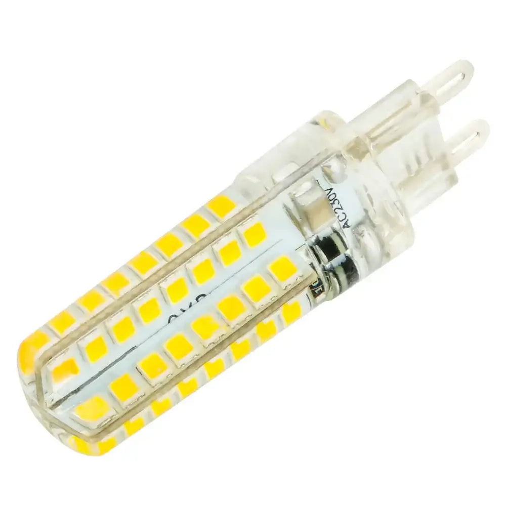 Clear glass decorbites led g9 bulb with rows of yellow smd leds emitting warm white light replacing halogen lamps