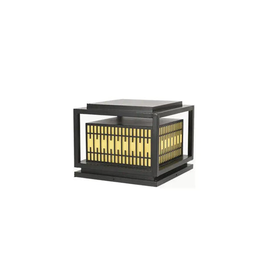 Black metal lantern with square frame and golden vertical slats in decorbites led garden light for outdoor use