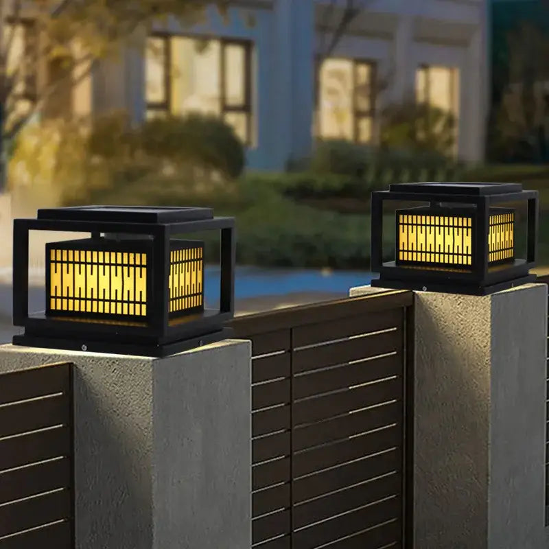 Black square decorbites led garden light with warm yellow led illumination and modern galvanized outdoor design