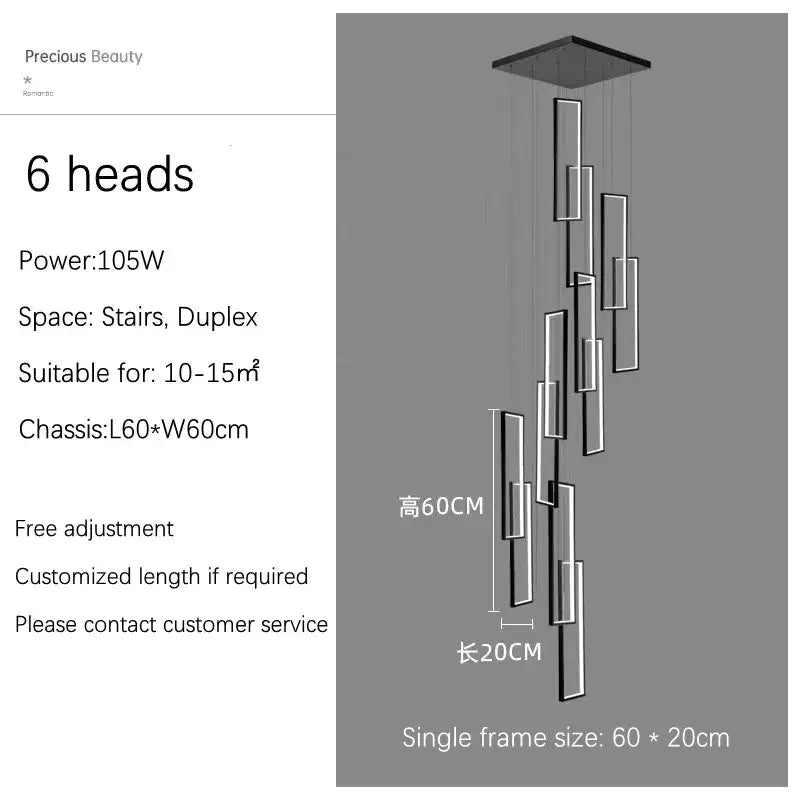Modern minimalist decorbites led geometry stair chandelier with six rectangular led light heads in cascading vertical design
