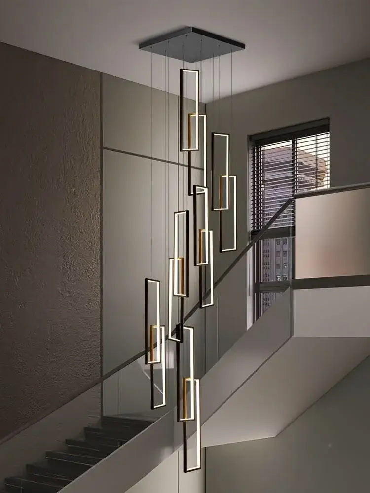 Modern geometric chandelier with sleek black and gold rectangular fixtures by DecorBites LED geometry stair chandelier