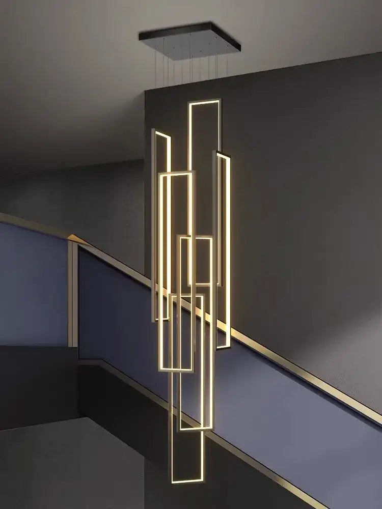 Modern gold decorbites led geometry stair chandelier with illuminated rectangular frames for luxury villa lighting