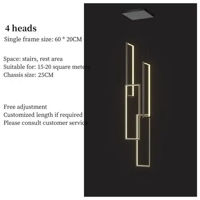 Modern geometric decorbites led geometry stair chandelier with four illuminated golden rectangular frames and black ceiling mount