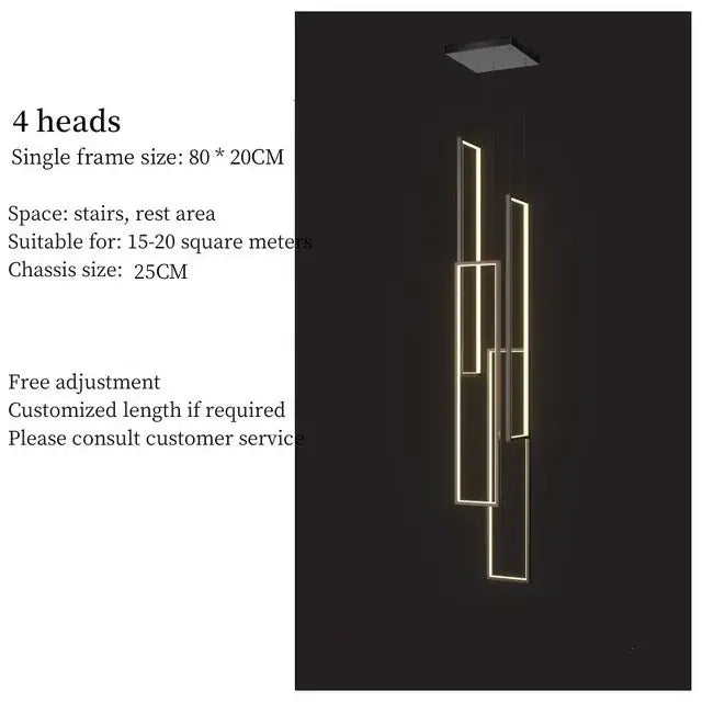 Modern gold decorbites led geometry stair chandelier with four illuminated rectangular frames for luxury living