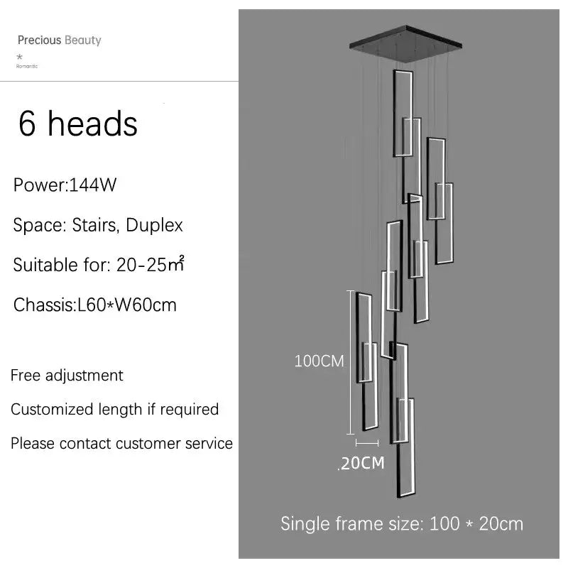Modern minimalist decorbites led geometry stair chandelier with six sleek rectangular led light heads in a vertical cascade