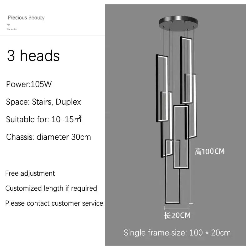 Modern minimalist decorbites led geometry stair chandelier with three rectangular led heads and chrome circular fixture
