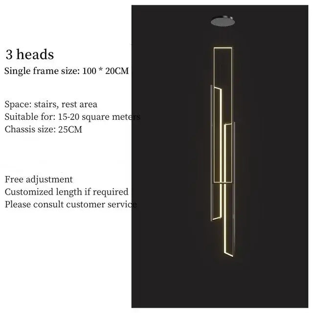 Modern gold-toned linear pendant light with three illuminated rectangular frames by DecorBites LED Geometry stair chandelier