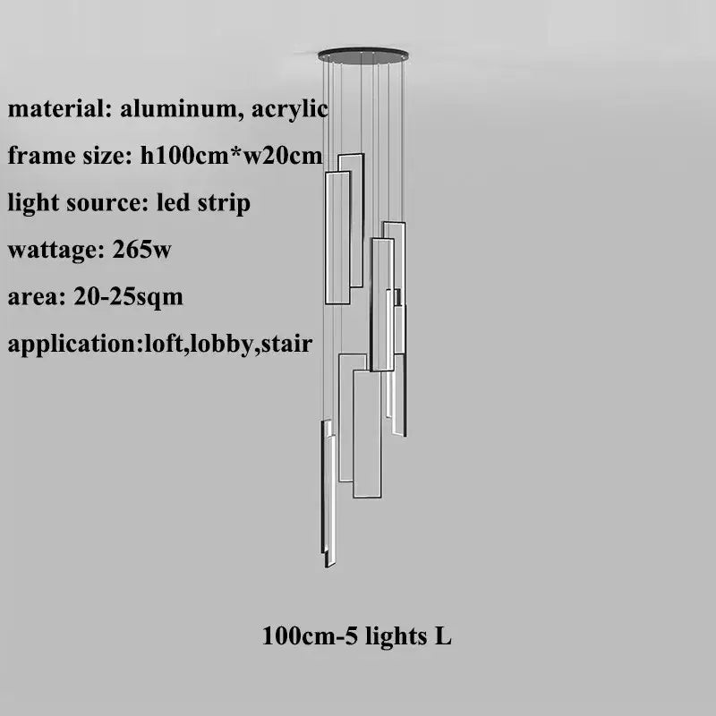 Modern minimalist decorbites led geometry stair chandelier with aluminum acrylic frame and five vertical led strip lights