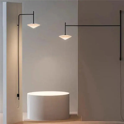Minimalist black decorbites led glass art wall lamp with triangular frosted glass shades and long rocker arm for living room