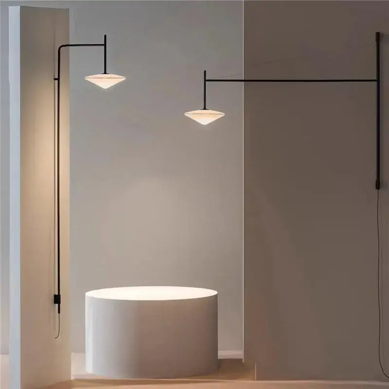 Minimalist black decorbites led glass art wall lamp with triangular frosted glass shades and long rocker arm for living room