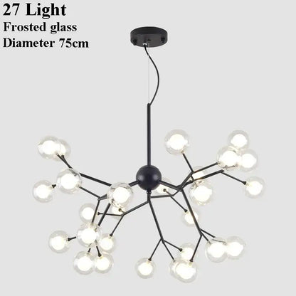 Black metal DecorBites LED glass ball branch chandelier with 27 frosted glass globe lights for modern firefly decor