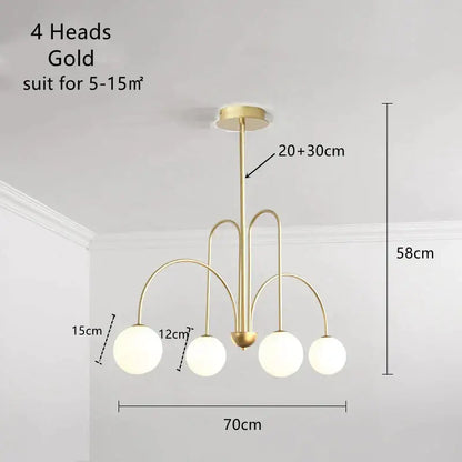 Gold-finished DecorBites LED glass ball ceiling chandelier with four white spherical glass shades for modern home lighting