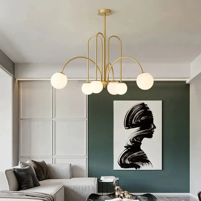 Gold-toned decorbites led glass ball ceiling chandelier with six spherical frosted glass globes for home lighting