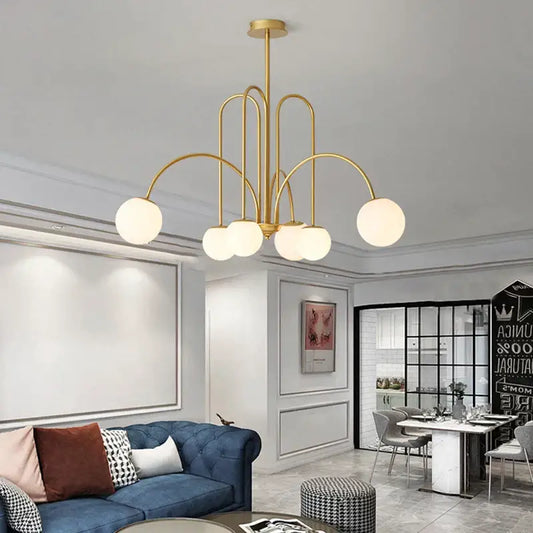 Gold-toned decorbites led glass ball ceiling chandelier with five frosted glass shades for modern home decor lighting
