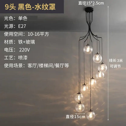 Black wrought iron DecorBites led glass ball chandelier with nine spherical glass globe lights for living room decor