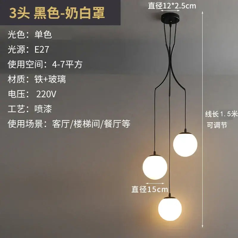 Decorbites led glass black metal three-head pendant light with frosted glass ball chandelier for living room decor