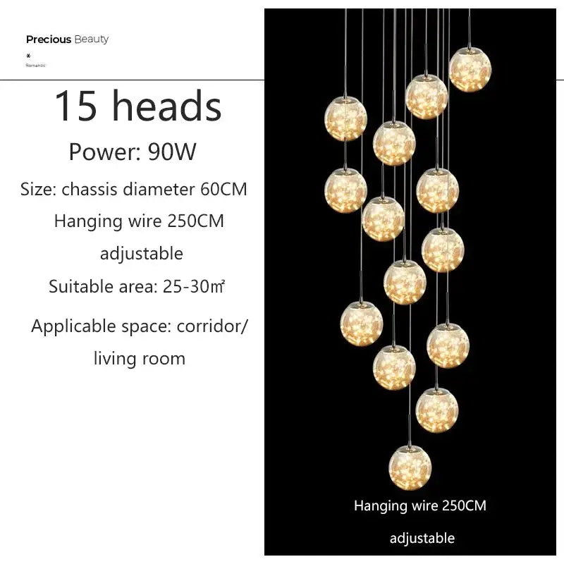 Decorbites led glass ball chandelier with 15 warm glowing glass globes suspended by chrome wires for duplex villa living room