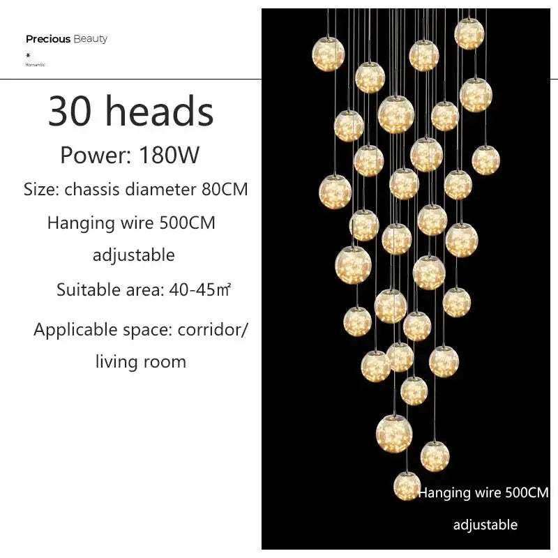 Modern DecorBites led glass ball chandelier with 30 spherical globe lights for duplex villa living room lighting
