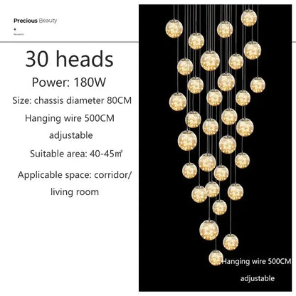 Modern DecorBites led glass ball chandelier with 30 spherical globe lights for duplex villa living room lighting