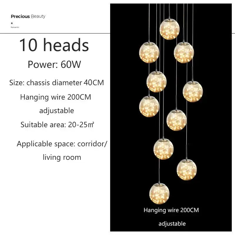 DecorBites LED glass ball chandelier with ten warm glowing spherical bulbs for duplex villa living room lighting