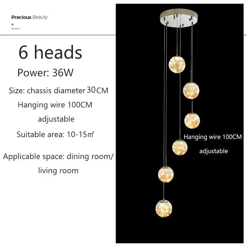 Modern six-head DecorBites LED glass ball chandelier with warm spherical globes for duplex villa living room lighting