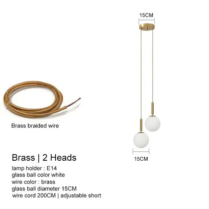 Modern brass pendant light with two white glass ball spheres and braided cord by decorbites led glass ball chandelier