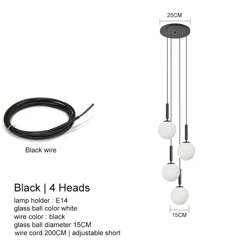 Modern black pendant light with four white glass spheres featuring decorbites led glass ball chandelier design