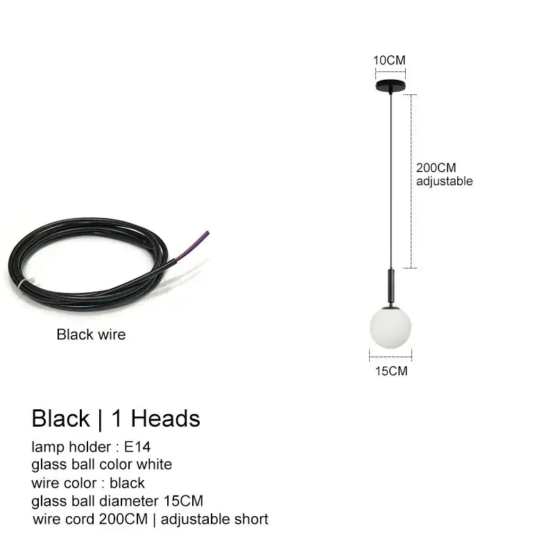 Black pendant light with white glass ball and adjustable 200cm wire cord from decorbites led glass ball chandelier