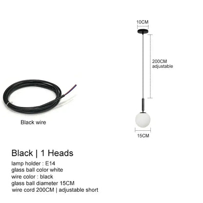 Black pendant light with white glass ball and adjustable 200cm wire cord from decorbites led glass ball chandelier