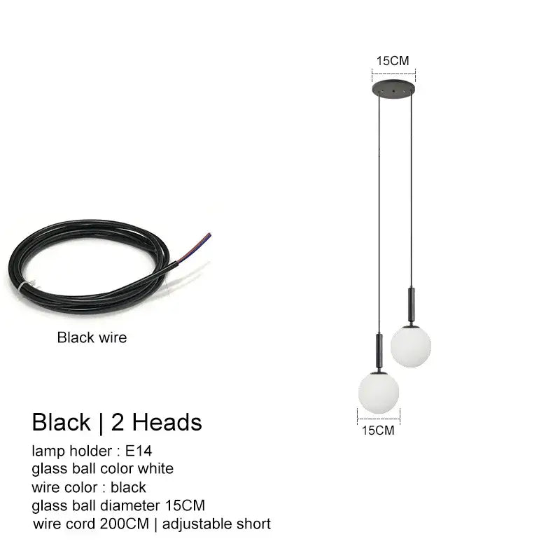 Modern minimalist decorbites led glass ball chandelier with two white glass spheres and black cords for home decor