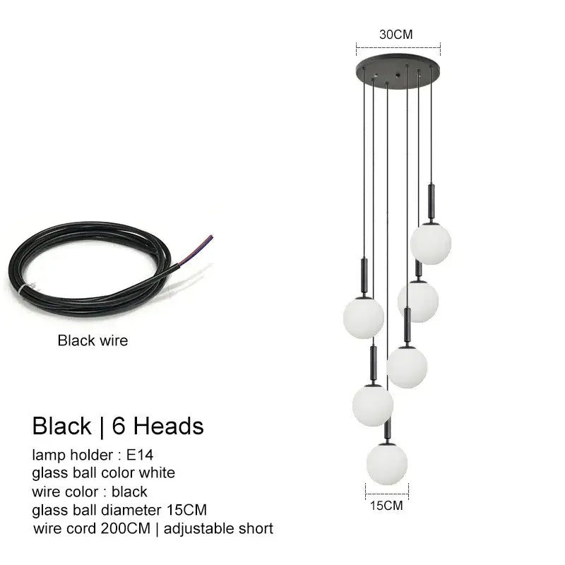Modern black decorbites led glass ball chandelier with six white glass spheres for home dining or hotel decor