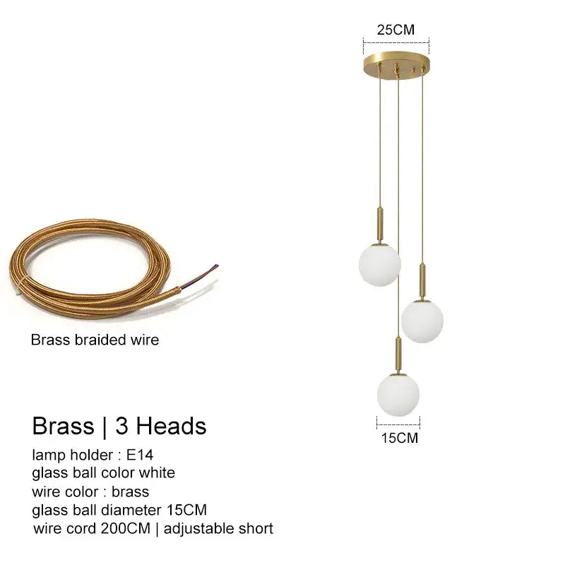 Modern brass pendant light with three white glass ball spheres suspended by adjustable 200cm braided wire decorbites led glass ball chandelier