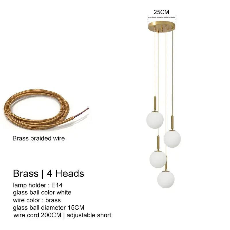 Modern brass pendant light DecorBites led glass ball chandelier with four white glass spheres for home dining decor
