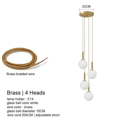Modern brass pendant light DecorBites led glass ball chandelier with four white glass spheres for home dining decor