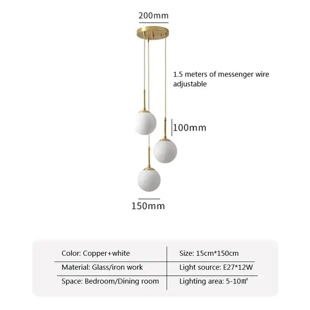 Gold-toned decorbites led glass ball chandelier with three frosted spheres suspended by adjustable wire for dining room lighting