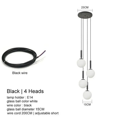Modern black pendant led glass ball chandelier with four white glass spheres by DecorBites for stylish indoor lighting