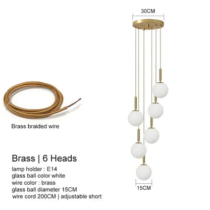 Gold-toned brass decorbites led glass ball chandelier with six white glass spheres for stylish indoor lighting