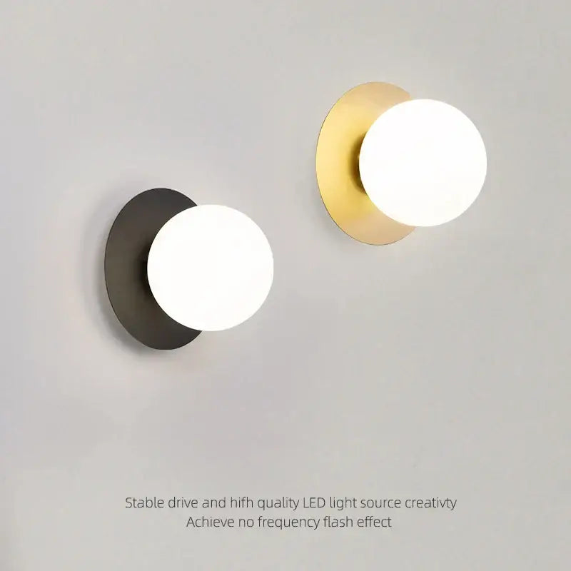 Modern minimalist decorbites led glass ball wall light with matte black and brushed gold bases and white glass shades