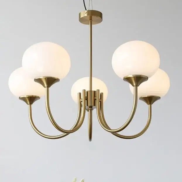 Brass-finished decorbites led glass chandelier with five pink milky white frosted glass balls for home decor