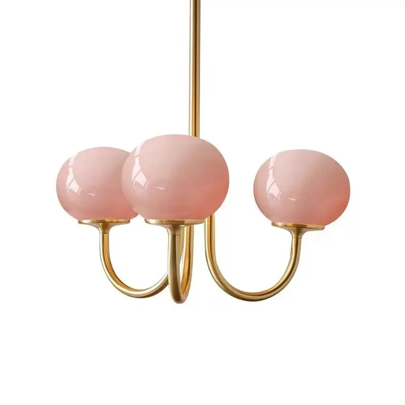 DecorBites led glass three-light chandelier with soft pink translucent glass balls and polished brass arms for home decor