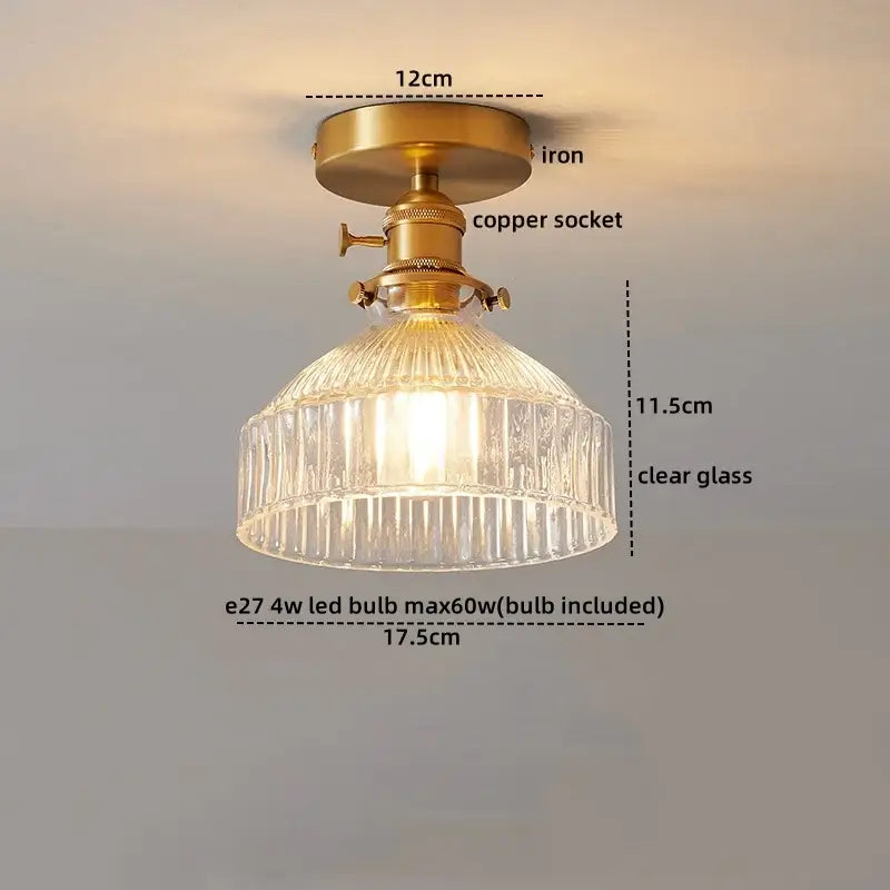 DecorBites™ LED glass ceiling lamp with vintage brass-finished iron, copper socket, and clear ridged glass shade