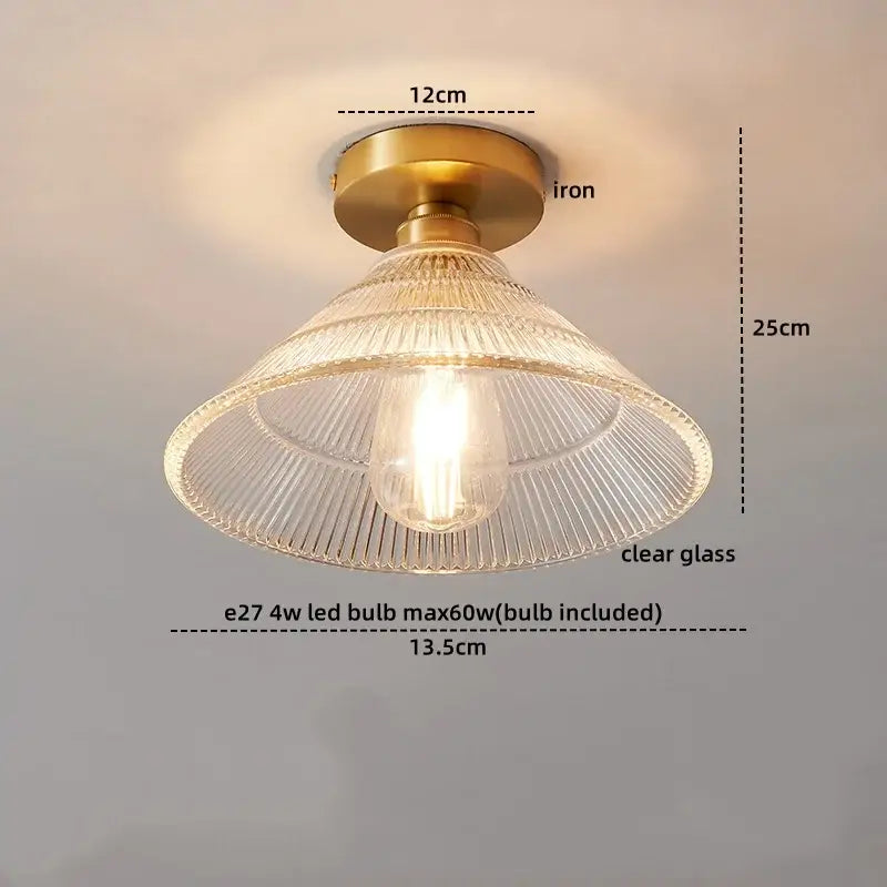 Vintage-style decorbites led glass ceiling lamp with brass iron base and clear ribbed glass shade for interior decor
