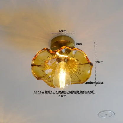 DecorBites™ modern indoor glass ceiling lamp with golden amber flower-shaped glass and iron base LED bulb visible