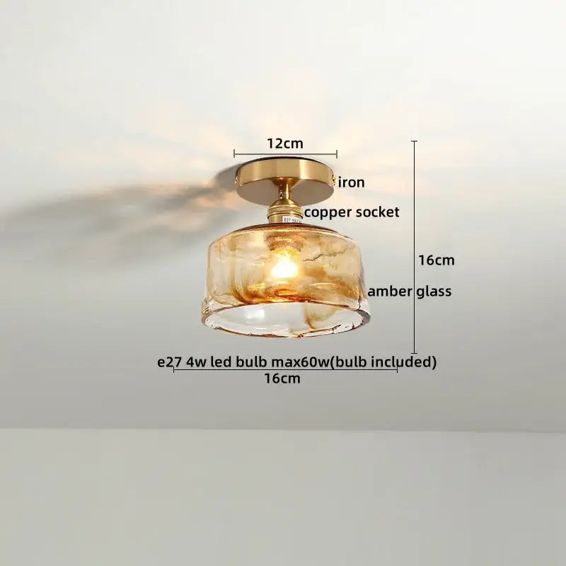 DecorBites™ glass ceiling lamp with warm amber hand-blown glass, brass iron base, and copper socket for indoor lighting