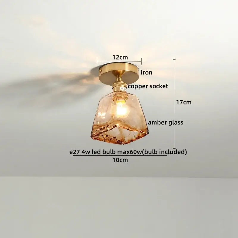 Decorbites™ modern indoor glass ceiling lamp with warm amber glass pendant and brass iron base with copper socket