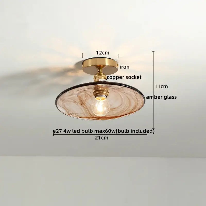 DecorBites™ LED glass ceiling lamp with brass iron base, copper socket, and amber swirling glass shade for indoor lighting