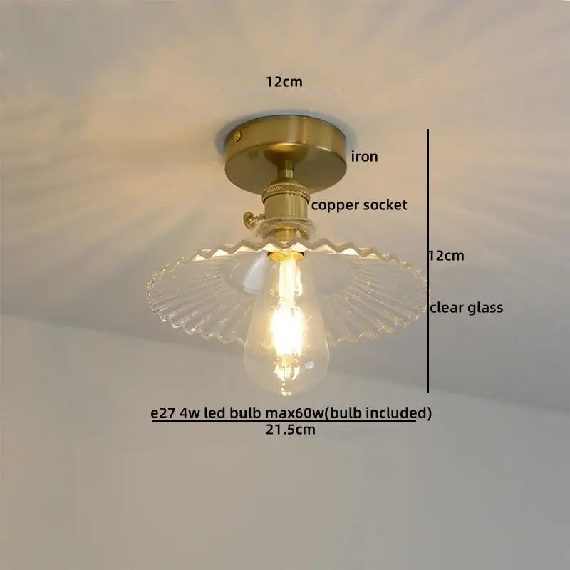 DecorBites™ glass ceiling lamp with brass iron base, copper socket, and scalloped clear glass shade for indoor lighting